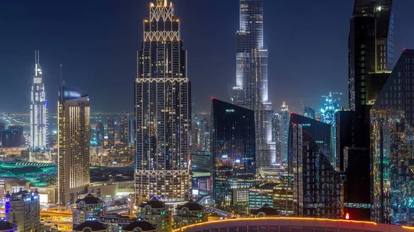 Dubai Horizonte Céntrico Noche Timelapse Con Edificio Más Alto Sheikh — Foto de Stock