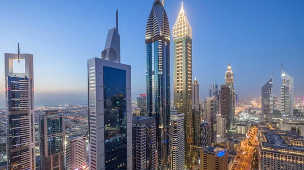 Vista Panorâmica Dos Edifícios Sheikh Zayed Road Difc Dia Noite — Fotografia de Stock