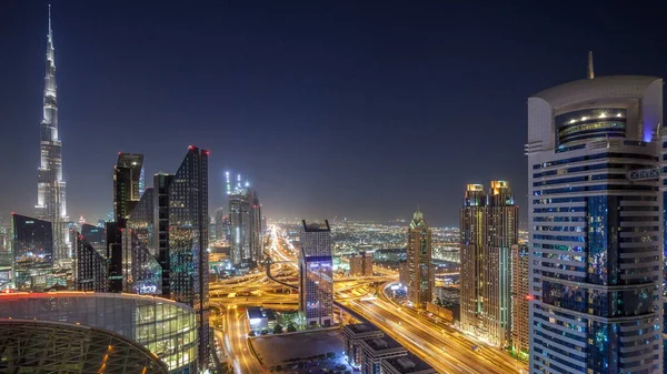 Dubaj Centrum Panorama Noční Timelapse Nejvyšší Budovu Sheikh Zayed Silniční — Stock fotografie