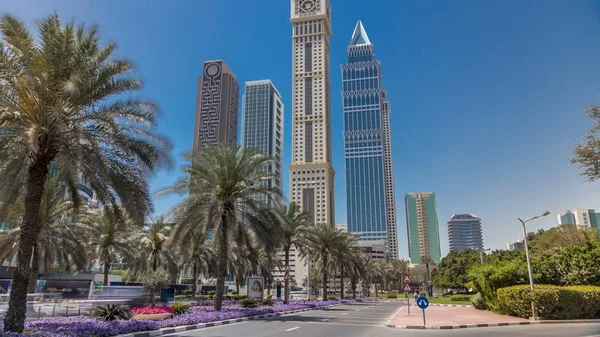 Moderní Mrakodrapy Panorama Podél Timelapse Obchodní Centrum Sheikh Zayed Road — Stock fotografie