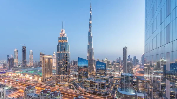 Dubai Centrum Skyline Dag Naar Nacht Overgang Timelapse Met Hoogste — Stockfoto