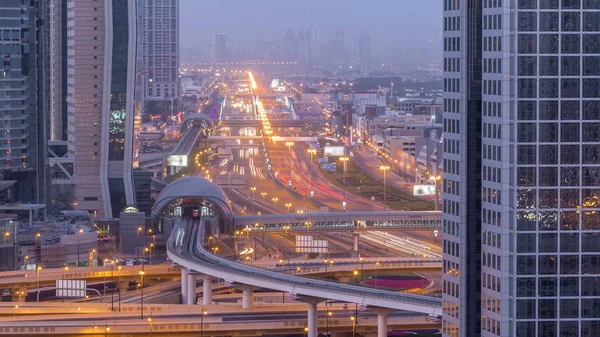 Dubai Skyline Centro Notte Giorno Transizione Timelapse Sheikh Zayed Traffico — Foto Stock