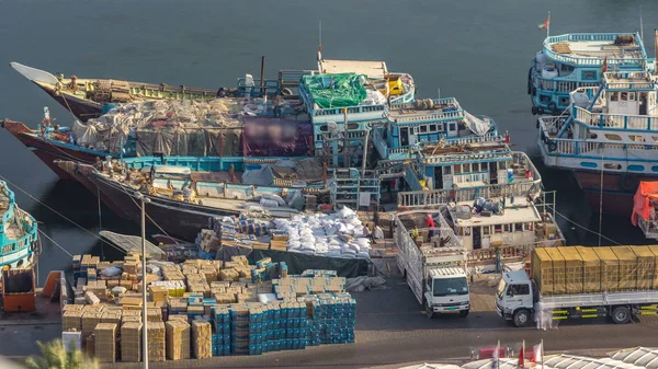 Loading Ship Port Said Timelapse Dubai Deira Creek Uae Aerial — Stock Photo, Image