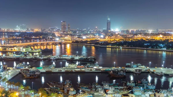 Dubai Creek Paisaje Noche Timelapse Con Barcos Yates Puerto Edificios — Foto de Stock