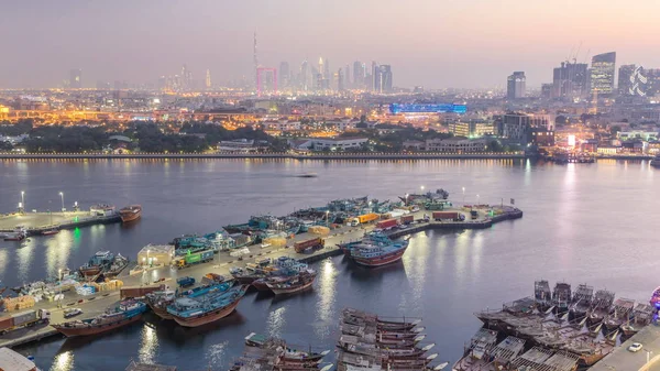 Dubai Creek Landscape Day Night Transition Timelapse Boats Yachts Modern — Stock Photo, Image