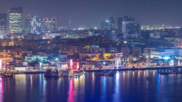 Dubaj Creek Krajina Noční Timelapse Loděmi Jachtami Moderních Budov Provoz — Stock fotografie