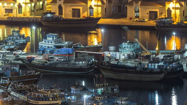 Caricamento Una Nave Porto Detto Nottata Dubai Deira Creek Emirati — Foto Stock