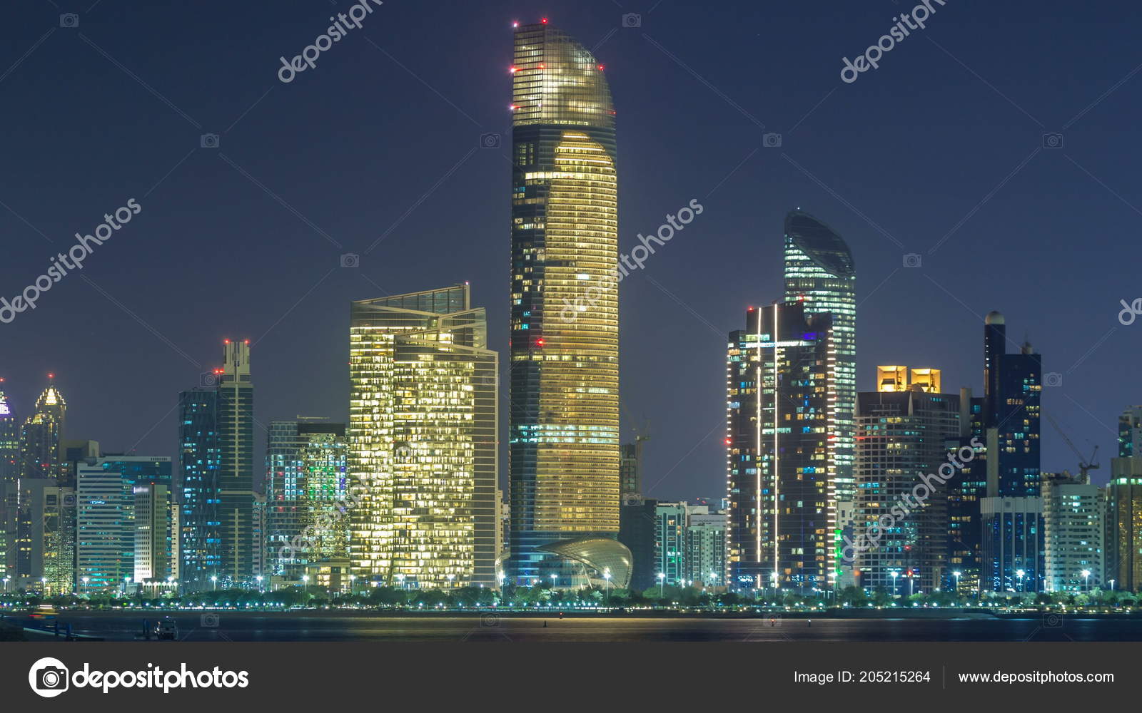 Panorama View Abu Dhabi Skyline Seafront Night Timelapse United