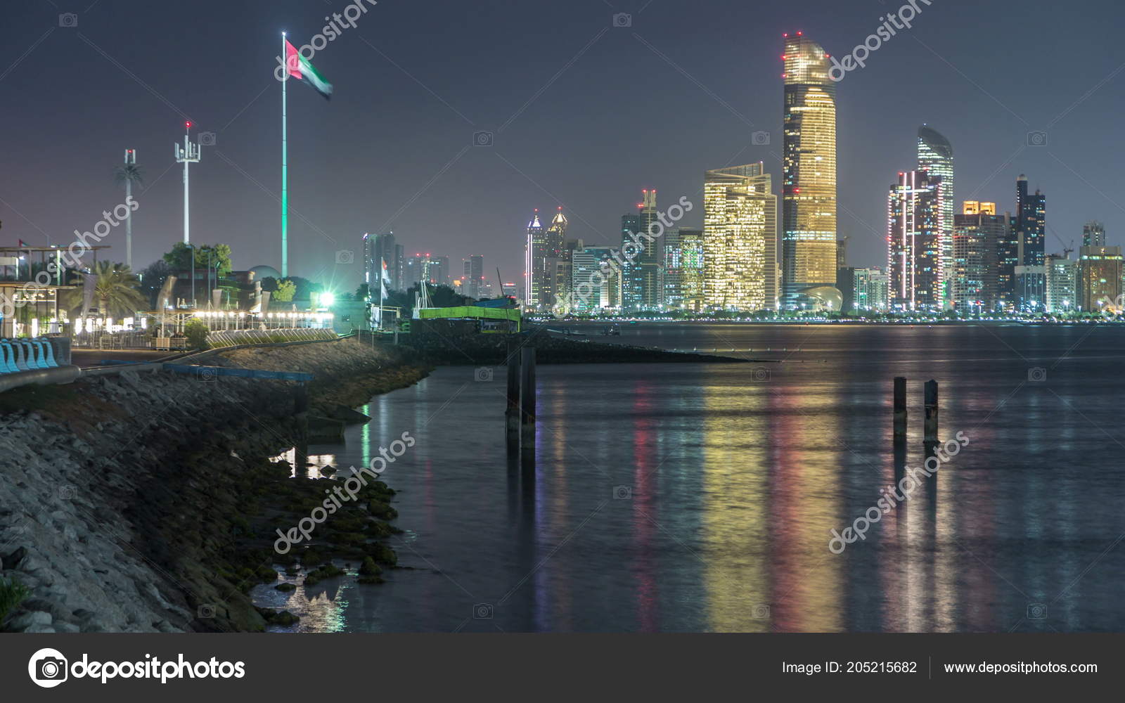 Panorama View Abu Dhabi Skyline Seafront Night Timelapse United