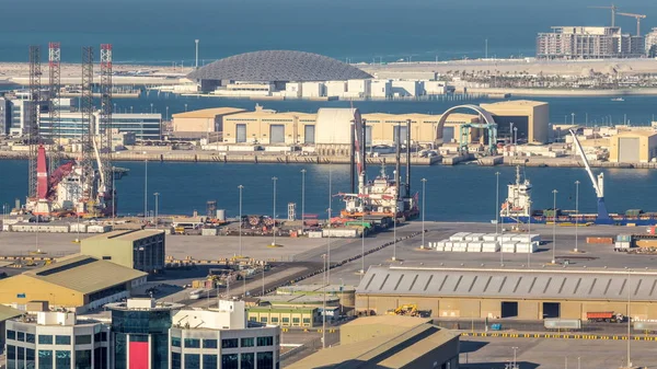 Big Cargo Ship Industrial Port Timelapse Aerial Fiew Evening Abu — Stock Photo, Image