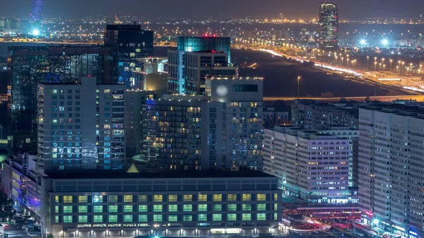 Luchtskyline Van Abu Dhabi Centrum Van Boven Nacht Timelapse Met — Stockfoto