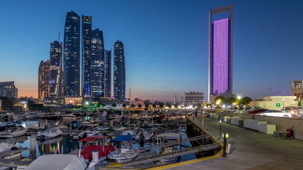 Bateen Marina Abu Dhabi Den Noc Timelapse Západu Slunce Čluny — Stock fotografie