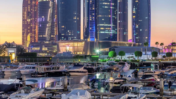 Bateen Marina Abu Dhabi Day Night Timelapse Sunset Boats Illuminated — стоковое фото