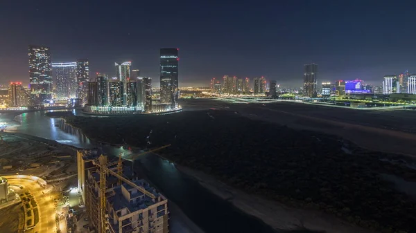 Felhőkarcolók Reem Maryah Island Abu Dhabi Éjszakai Időmérője Felülről Légi — Stock Fotó