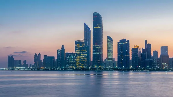 Abu Dhabi City Skyline Skyscrapers Sunrise Water Reflection Night Day — Stock Photo, Image