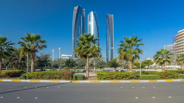 Skyscrapers Abu Dhabi Morning Etihad Towers Buildings Timelapse Hyperlapse Park — Stock Photo, Image