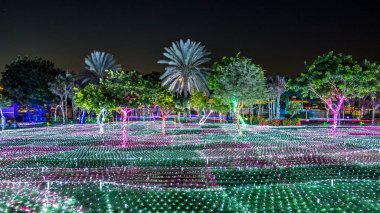 Palmiye ağaçları ile çimen. Yeni açılan Dubai kızdırma Bahçe gün gece geçiş timelapse çevre dostu mimari featuring, geri dönüşümlü urun çeşitli yapılar oluşturma sanat mimari bir durum için.