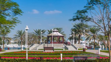 Dubai, Birleşik Arap Emirlikleri - Ocak 2017 yaklaşık: Oyuk yeşil çim, çiçekler ve ağaçlar, Dubai Creek park timelapse. Dubai, Birleşik Arap Emirlikleri mavi bulutlu gökyüzü