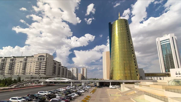 Traffic Road Car Parking Timelapse Hyperlapse Yellow Tower Downtown Astana — Stock Photo, Image