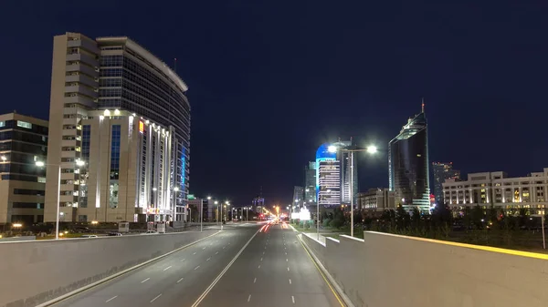 Night City Traffic Kunaev Avenue Timelapse Hyperlapse Modern Building Illuminated — Stock Photo, Image