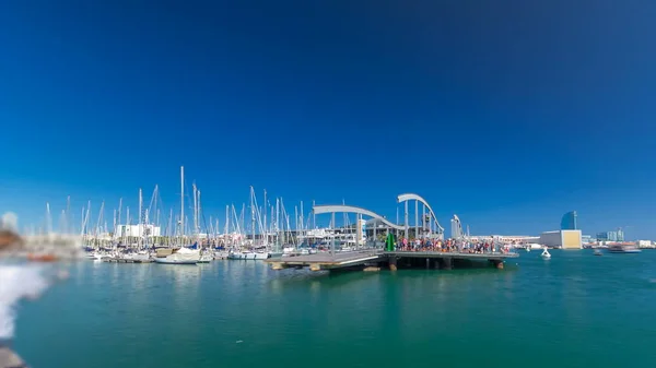 Pasarela Madera Rambla Mar Timelapse Sobre Port Vell Ciudad Barcelona — Foto de Stock