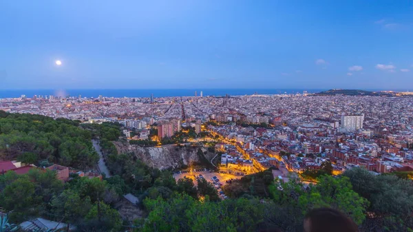 Перегляд Барселона Skyline День Ніч Перехід Timelapse Середземне Море Вежа — стокове фото