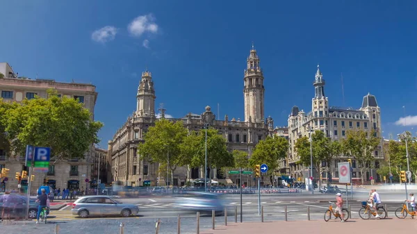 Old Post Office timelapse hyperlapse with traffic on the road, the famous architecture landmark Barcelona, Spain. This is the main post office of Catalonia. 4K