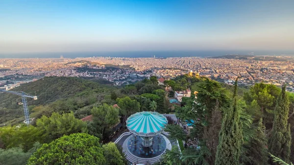 Panorama Barcelona Timelapse Desde Monte Tibidabo Antes Del Atardecer Cataluña —  Fotos de Stock