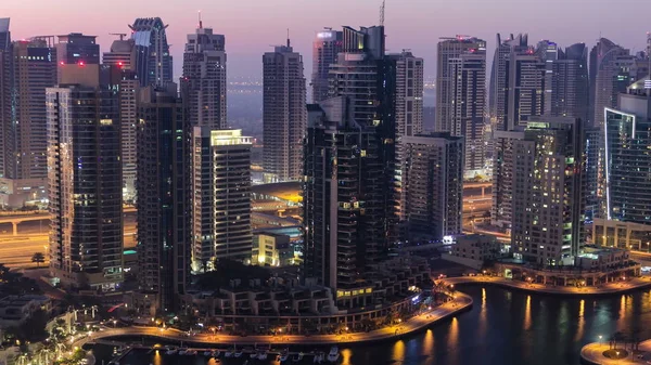 Dubai Marina Port Łodzi Jachtów Zamknij Widok Nocy Dzień Przejście — Zdjęcie stockowe
