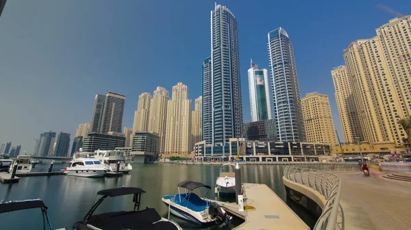 Dubai Marina Skyscrapers Yacht Boats View Sea Embankment Timelapse Day — Stock Photo, Image