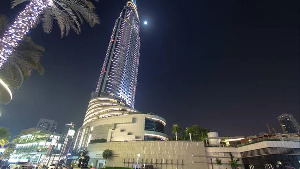 Hotel Rámci Měsíce Noci Oblasti Dubaj Výhled Známý Tančící Fontány — Stock fotografie