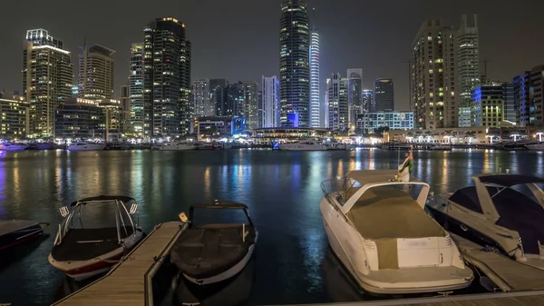 Beautiful Night View Dubai Marina Towers Floating Yachts Boats Timelapse — Stock Photo, Image