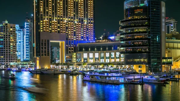 Vew Dubai Marina Embankment Yachts Modern Towers Bridge Dubai Night — Stock Photo, Image