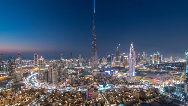 Dubai Downtown Μέρα Νύχτα Μετάβαση Timelapse Burj Khalifa Και Άλλους — Φωτογραφία Αρχείου