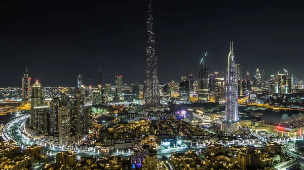 Dubai Downtown Night Timelapse Burj Khalifa Other Towers View Top — Fotografia de Stock