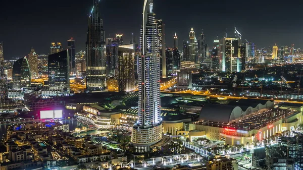 Scenic Dubai Downtown Skyline Timelapse Night Hotels Office Building Top — Stock Photo, Image