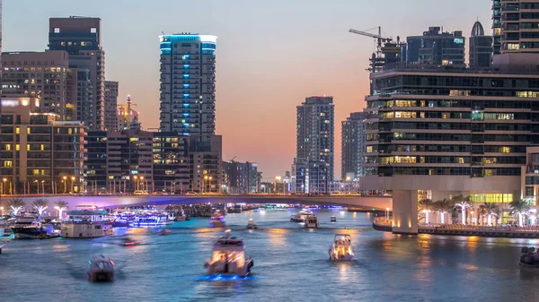 Vew Dubai Marina Embankment Towers Yachts Bridge Dubai Day Night — Stock Photo, Image