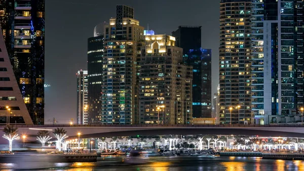 Promenade Bridge Traffic Canal Dubai Marina Timelapse Night Uae View — Stock Photo, Image