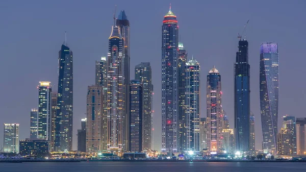 Dubai Marina Skyline Von Tag Auf Nacht Übergang Timelapse Gesehen — Stockfoto