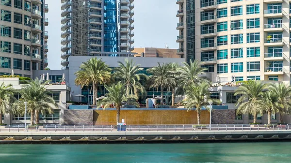 Vew Dubai Marina Promenade Waterfall Palms Modern Towers Reflected Green — Stock Photo, Image