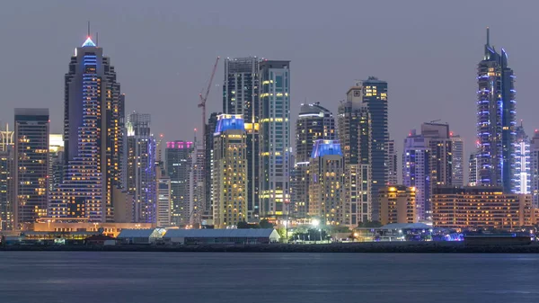 Dubai Marina Skyline Con Jbr Giorno Alla Notte Transizione Timelapse — Foto Stock