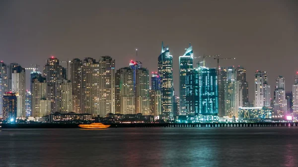 Dubai Marina Skyline Jbr Éjszaka Timelapse Mint Látott Ból Palm — Stock Fotó