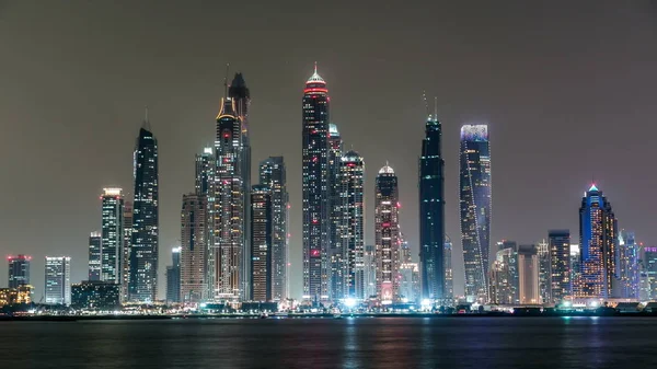 Dubai Marina Skyline Jbr Night Timelapse Seen Palm Jumeirah Dubai — Photo