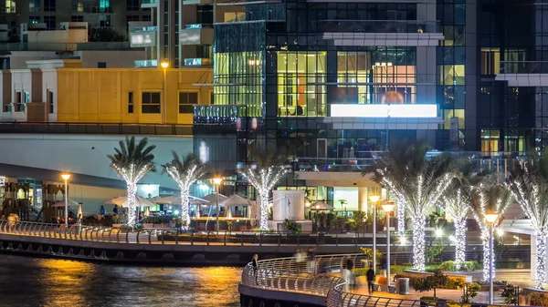 Promenade Und Brücke Mit Verkehr Über Kanal Dubai Marina Zeitraffer — Stockfoto