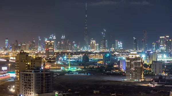 Scenic Dubai Downtown Skyline Timelapse Night Top View Numerous Illuminated — Stock Photo, Image