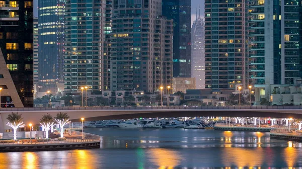 Vew Dubai Marina Canal Embankment Modern Towers Yachts Reflected Water — Stock Photo, Image