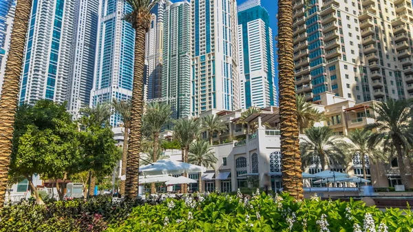 Fountain Palms Timelapse Marina Walk Modern Towers Background Day Time — Stock Photo, Image