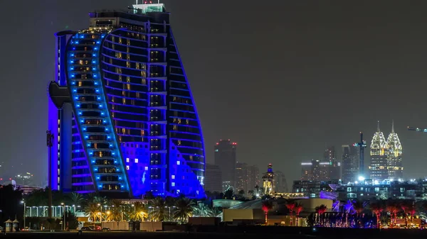 Hotel Perto Jumeirah Praia Noite Timelapse Dubai Emirados Árabes Unidos — Fotografia de Stock