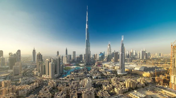 Dubai Downtown Avond Timelapse Met Burj Khalifa Andere Torens Paniramic — Stockfoto