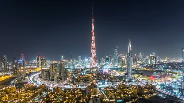 Dubai Downtown Noite Timelapse Com Burj Khalifa Outras Torres Vista — Fotografia de Stock